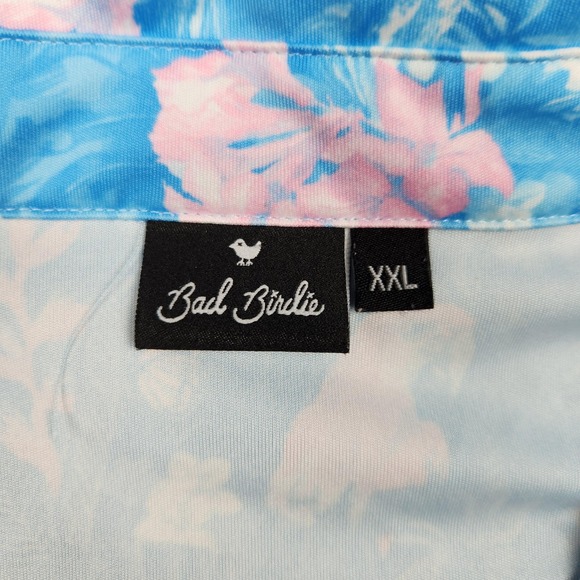 Bad Birdie Polo Shirt Mens 2XL Blue Pink Floral Bird Print Golf Performance - Picture 2 of 7